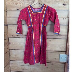 Vintage Cotton Ribbon Dress Kids Small Red‎ Calico Floral Indigenous Handmade